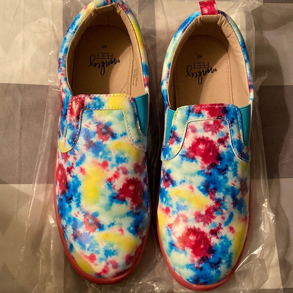 Brand new Mommy Monkey Feet slides. Tie dyed pattern. Size 40.